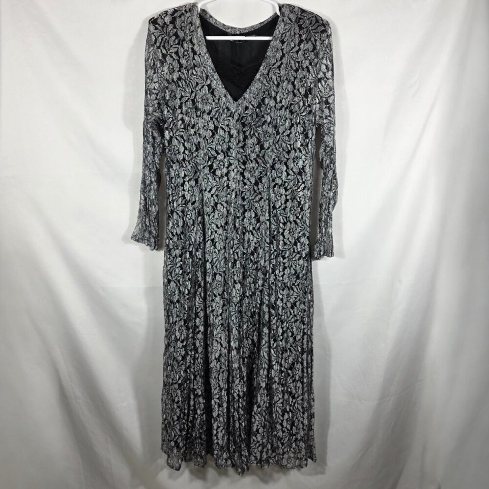Vintage Xotica Silver Gray Lace Dress Women's Size Large V-Neck Long Length
